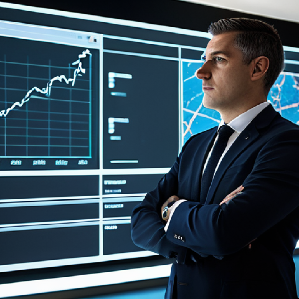 A focused professional, in a modest business suit, stands in a sleek, modern data control room. Large, translucent holographic screens display dynamic data visualizations: intricate graphs, geospatial maps of Italy, and real-time dashboards, all indicating optimized public services. The atmosphere is clean and high-tech, showcasing data-driven governance. Professional photography, high quality, realistic, perfect anatomy, correct proportions, natural pose, well-formed hands, proper finger count, natural body proportions. fully clothed, modest clothing, appropriate attire, safe for work, appropriate content, professional.