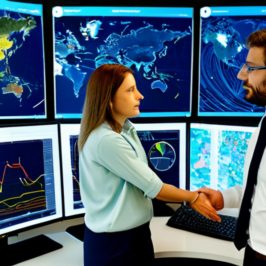 A team of professional data scientists, both male and female, in modest business attire, collaborating in a high-tech control room. Large, luminous screens in the background display complex real-time data visualizations of geographic maps of the Veneto region, showing river levels, terrain analysis, and predictive models for flood and landslide prevention. The atmosphere is focused and collaborative, highlighting the proactive use of technology for community safety. The individuals are fully clothed in appropriate attire, professional dress, safe for work, appropriate content, perfect anatomy, correct proportions, natural pose, well-formed hands, proper finger count, natural body proportions, family-friendly, high-quality, professional photography, realistic.