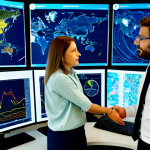 A team of professional data scientists, both male and female, in modest business attire, collaborating in a high-tech control room. Large, luminous screens in the background display complex real-time data visualizations of geographic maps of the Veneto region, showing river levels, terrain analysis, and predictive models for flood and landslide prevention. The atmosphere is focused and collaborative, highlighting the proactive use of technology for community safety. The individuals are fully clothed in appropriate attire, professional dress, safe for work, appropriate content, perfect anatomy, correct proportions, natural pose, well-formed hands, proper finger count, natural body proportions, family-friendly, high-quality, professional photography, realistic.