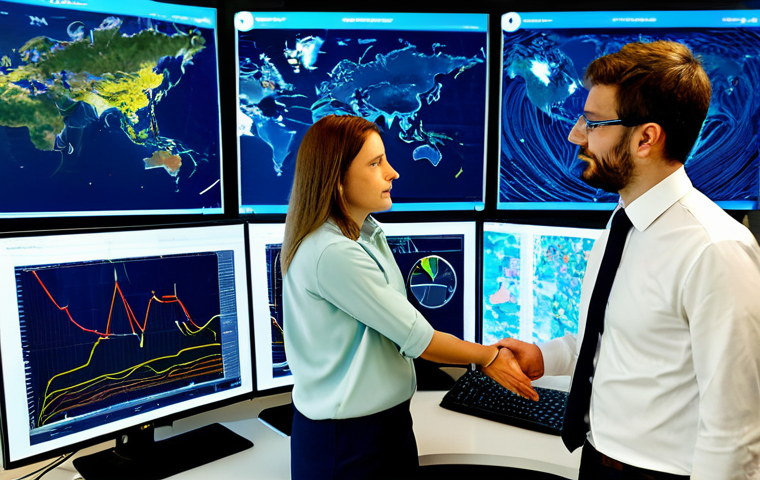 A team of professional data scientists, both male and female, in modest business attire, collaborating in a high-tech control room. Large, luminous screens in the background display complex real-time data visualizations of geographic maps of the Veneto region, showing river levels, terrain analysis, and predictive models for flood and landslide prevention. The atmosphere is focused and collaborative, highlighting the proactive use of technology for community safety. The individuals are fully clothed in appropriate attire, professional dress, safe for work, appropriate content, perfect anatomy, correct proportions, natural pose, well-formed hands, proper finger count, natural body proportions, family-friendly, high-quality, professional photography, realistic.