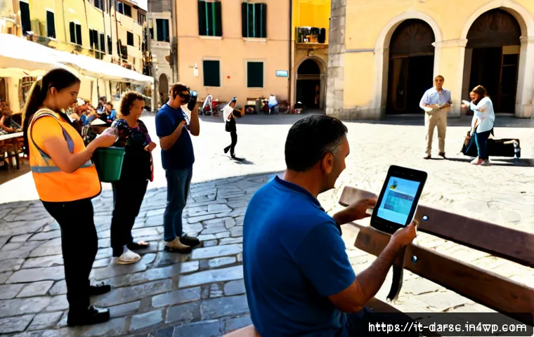 시민 참여를 통한 데이터 수집 방법 - Photorealistic community data collection scene in a sunny Italian town square, diverse adult residen...
